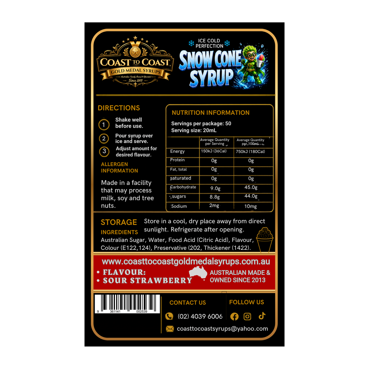 Premium Sour Strawberry Snow Cone Syrup 2ltr - Coast to Coast Gold Medal Syrups®