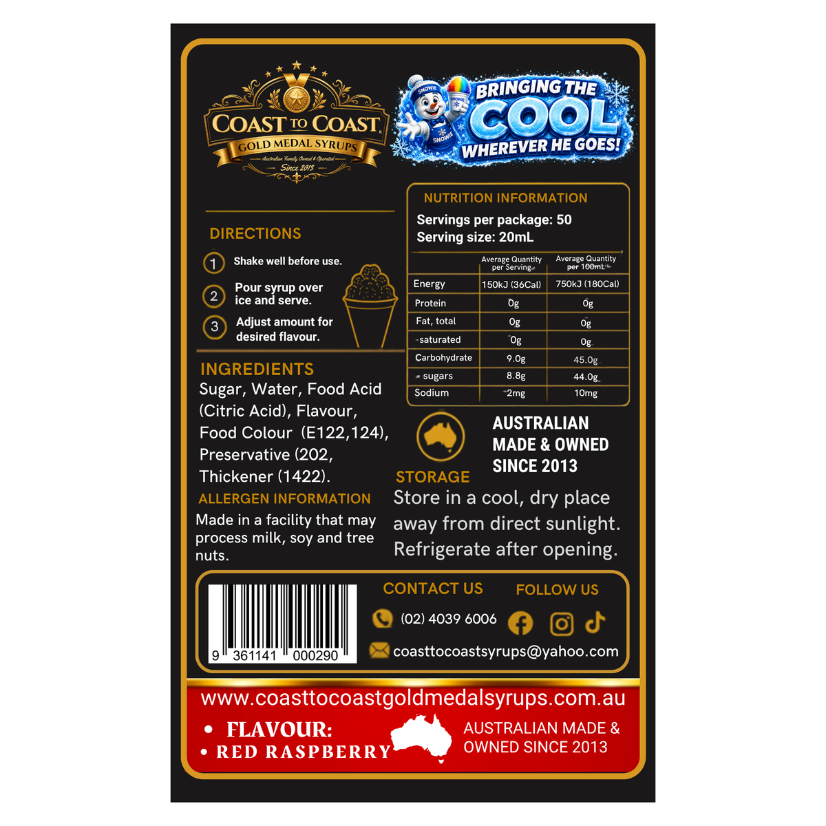 Red Raspberry Snow Cone Syrups 250ml - Coast to Coast Gold Medal Syrups®