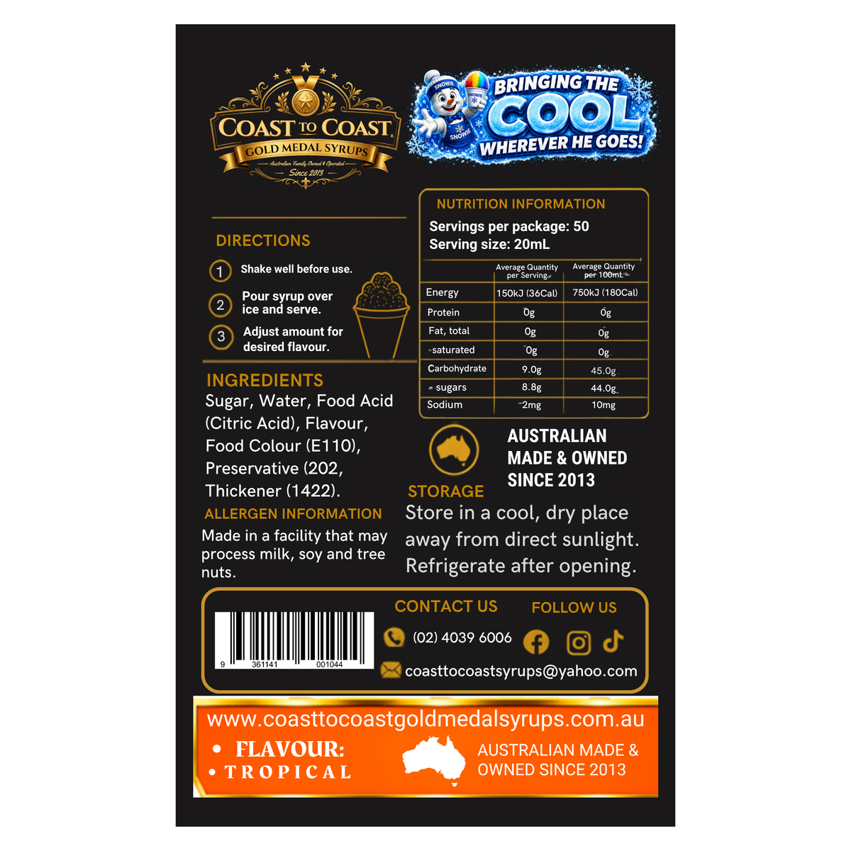 Tropical Snow Cone Syrups 750ml - Coast to Coast Gold Medal Syrups®
