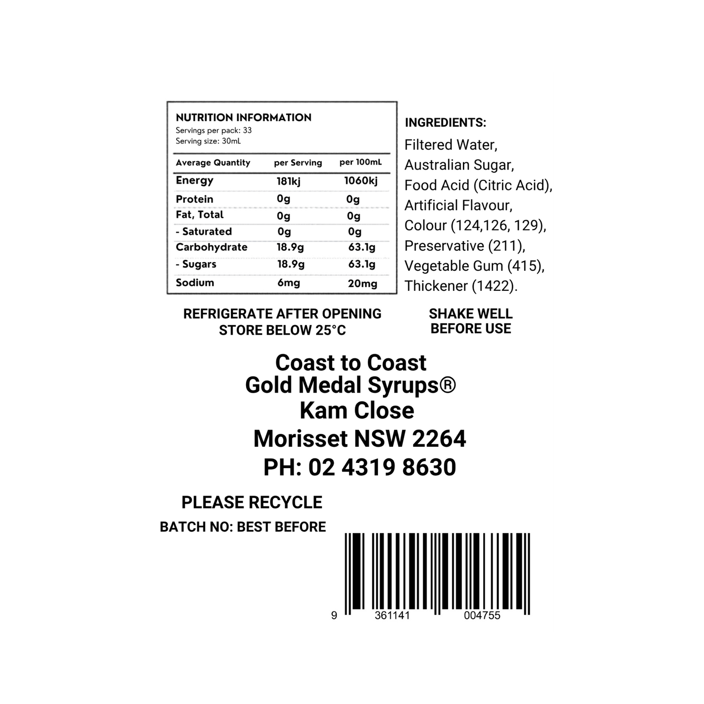 #2 Strawberry, Milkshake/Sundae toppings 1ltr, Coast to Coast Gold Medal Syrups®