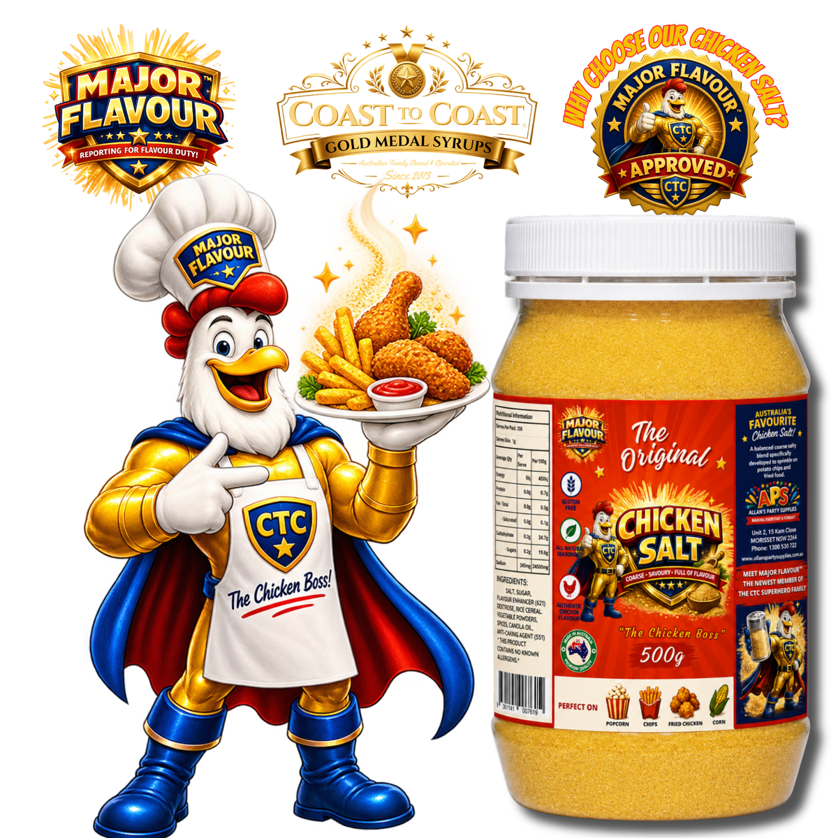 Major Flavour™ Premium Chicken Salt, 500g Jar, Coast to Coast Gold Medal Syrups®