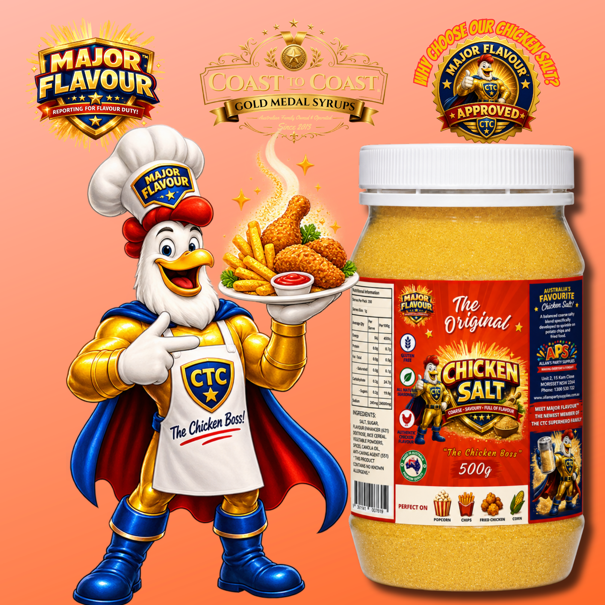 Major Flavour™ Premium Chicken Salt, 500g Jar, Coast to Coast Gold Medal Syrups®