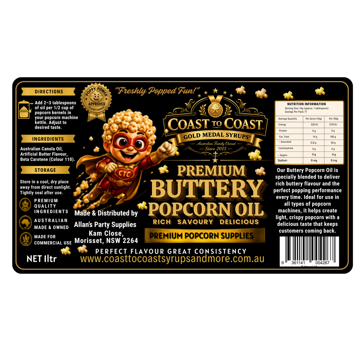 Premium Buttery Popcorn Oil 1ltr - Coast to Coast Gold Medal Syrups®