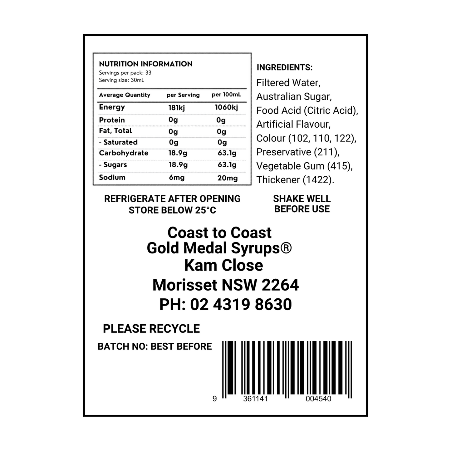 #2 Banana, Milkshake/Sundae toppings 1ltr, Coast to Coast Gold Medal Syrups®