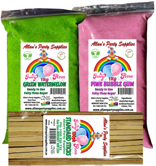 #3 APS, Fairy Floss  Sugar 2 x 1kg Plus 100 STICKS