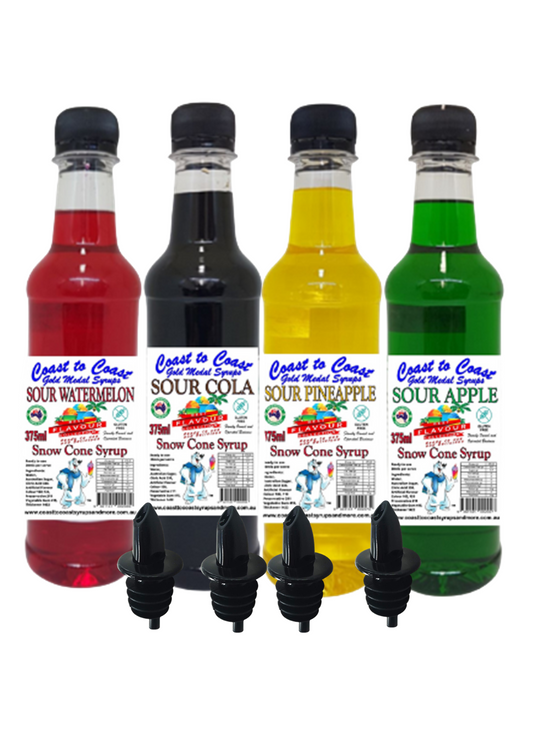 #2 New Sour Range, Coast to Coast Gold Medal Syrups®, 4x375ml Snow Cone Syrups with Bottle Pourers