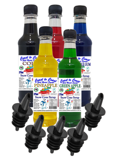 #2 Coast to Coast Gold Medal Syrups®, Snow Cone Syrup 5 x 375 ml with Pourers Assorted Flavours.