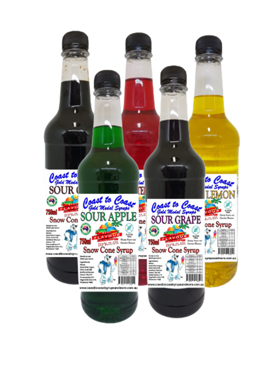 #3 New Sour Range, Coast to Coast Gold Medal Syrups®, Sour Flavoured Snow Cone Syrups 5 x 750ml