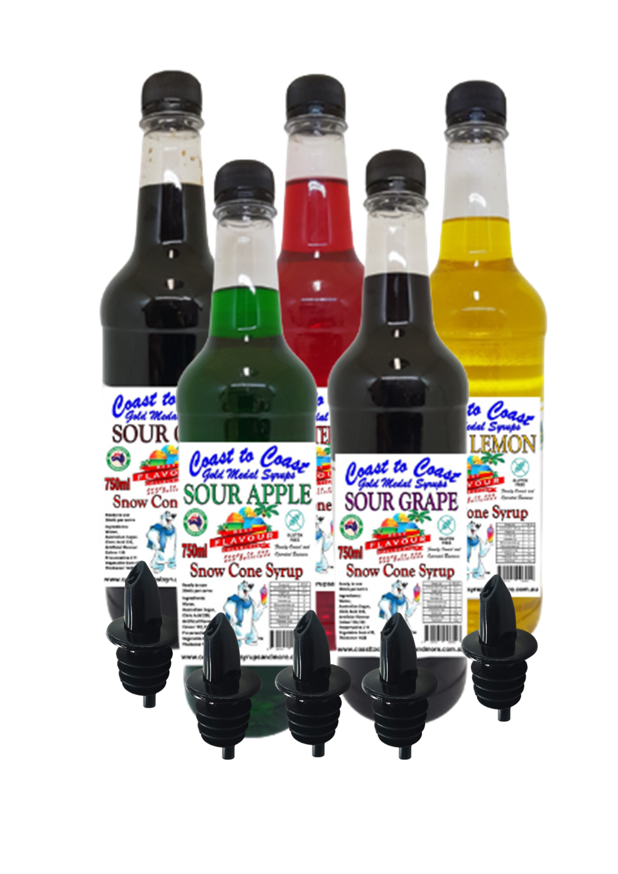 #3 New Sour Range, Coast to Coast Gold Medal Syrups®, Sour 5 x 750 ml Snow Cone Syrup Assorted Flavours With Pourers