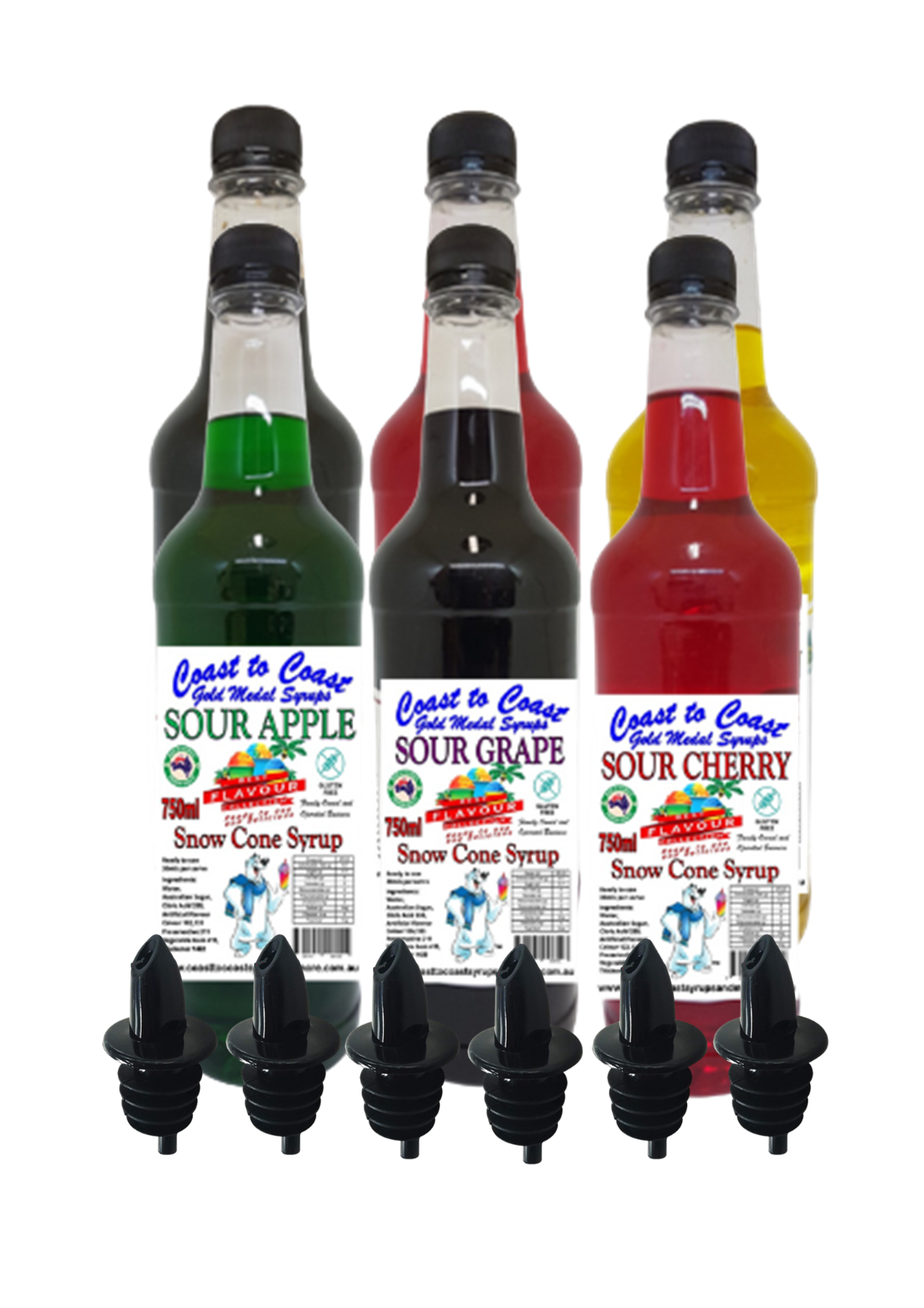 #3 New Sour Range, Coast to Coast Gold Medal Syrups®, Sour 6 x 750 ml Snow Cone Syrup Assorted Flavours With Pourers