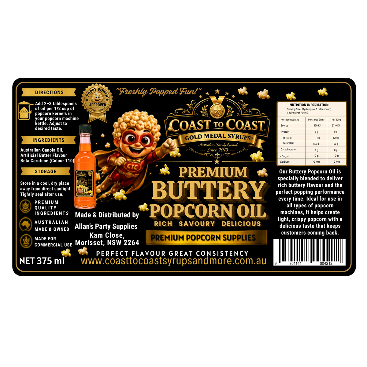 Premium Buttery Popcorn Oil 375ml - Coast to Coast Gold Medal Syrups®