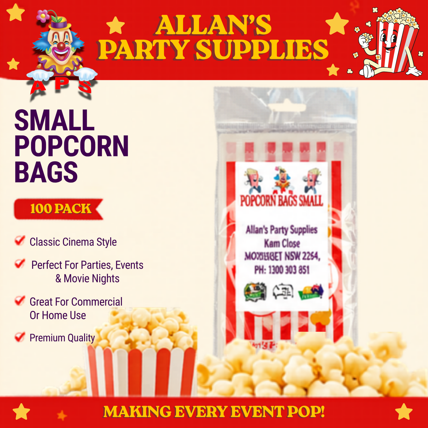 #5 APS Small Popcorn Bags – 100 Pack Movie Night, Birthday Parties, Paper Popcorn Bags