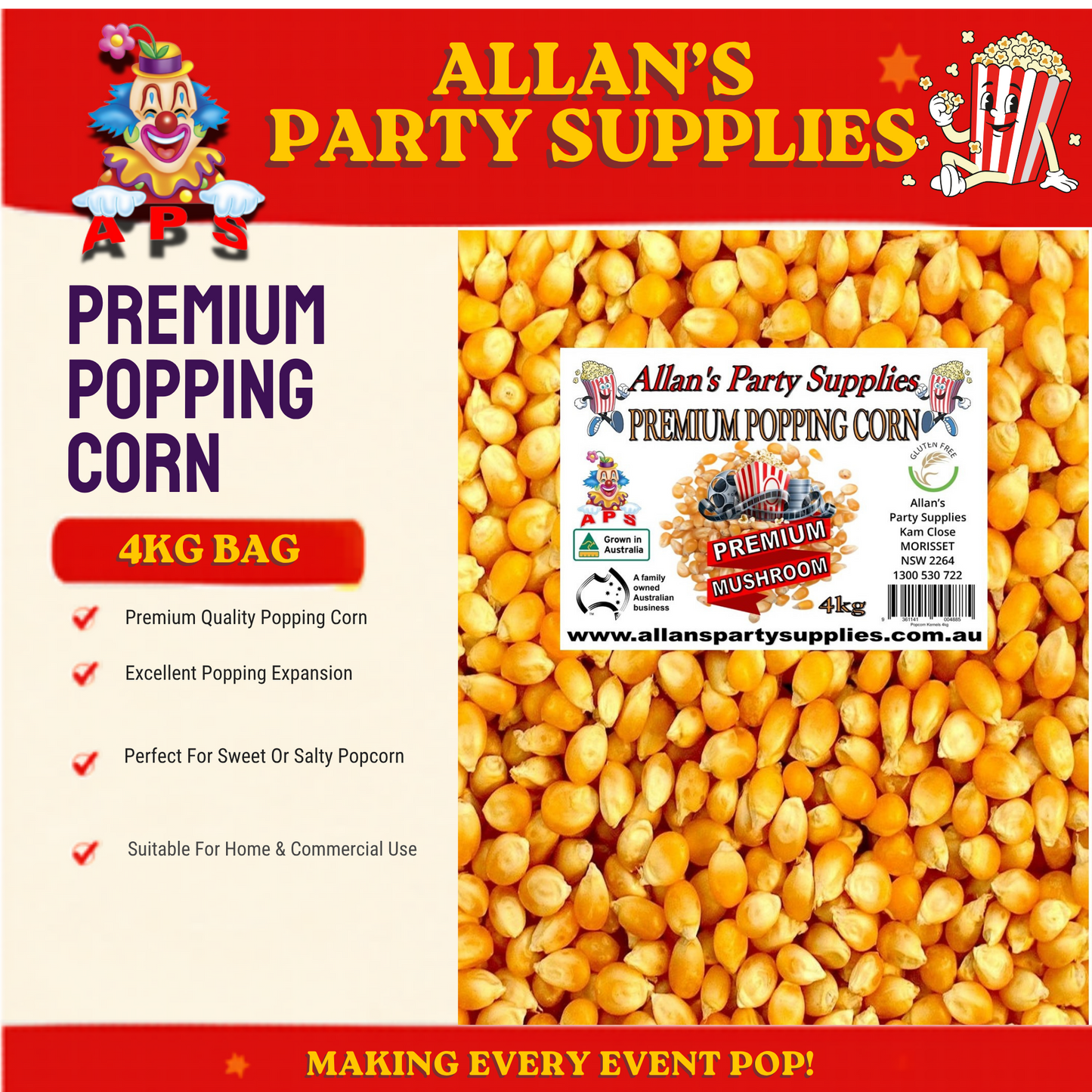 #4 Premium Popping Corn – 4kg, Australian Grown Premium Genuine Cinema Quality