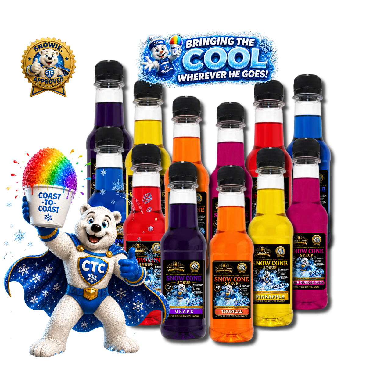 Assorted Snow Cone Syrup  12x250ml - Coast to Coast Gold Medal Syrups®