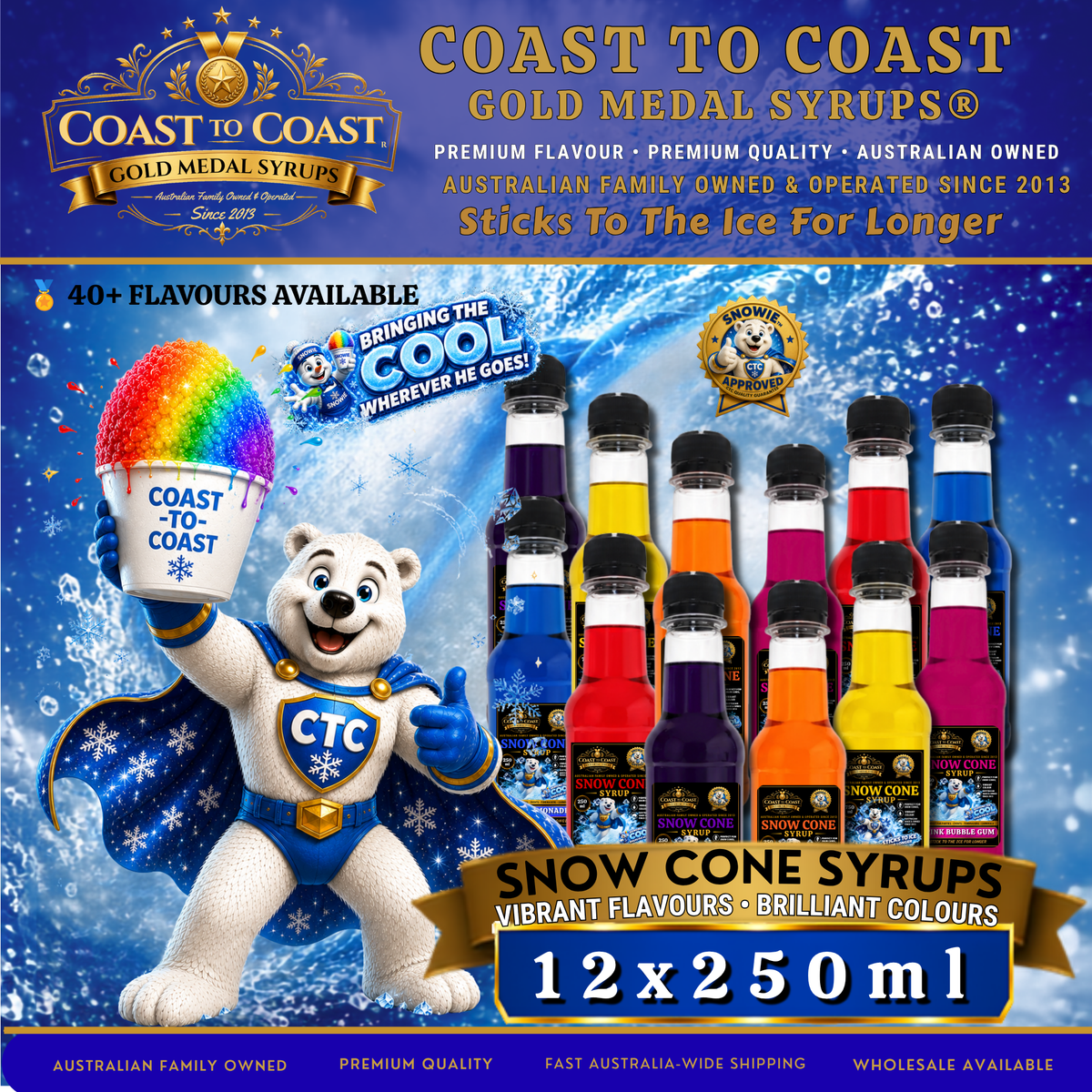 Assorted Snow Cone Syrup  12x250ml - Coast to Coast Gold Medal Syrups®