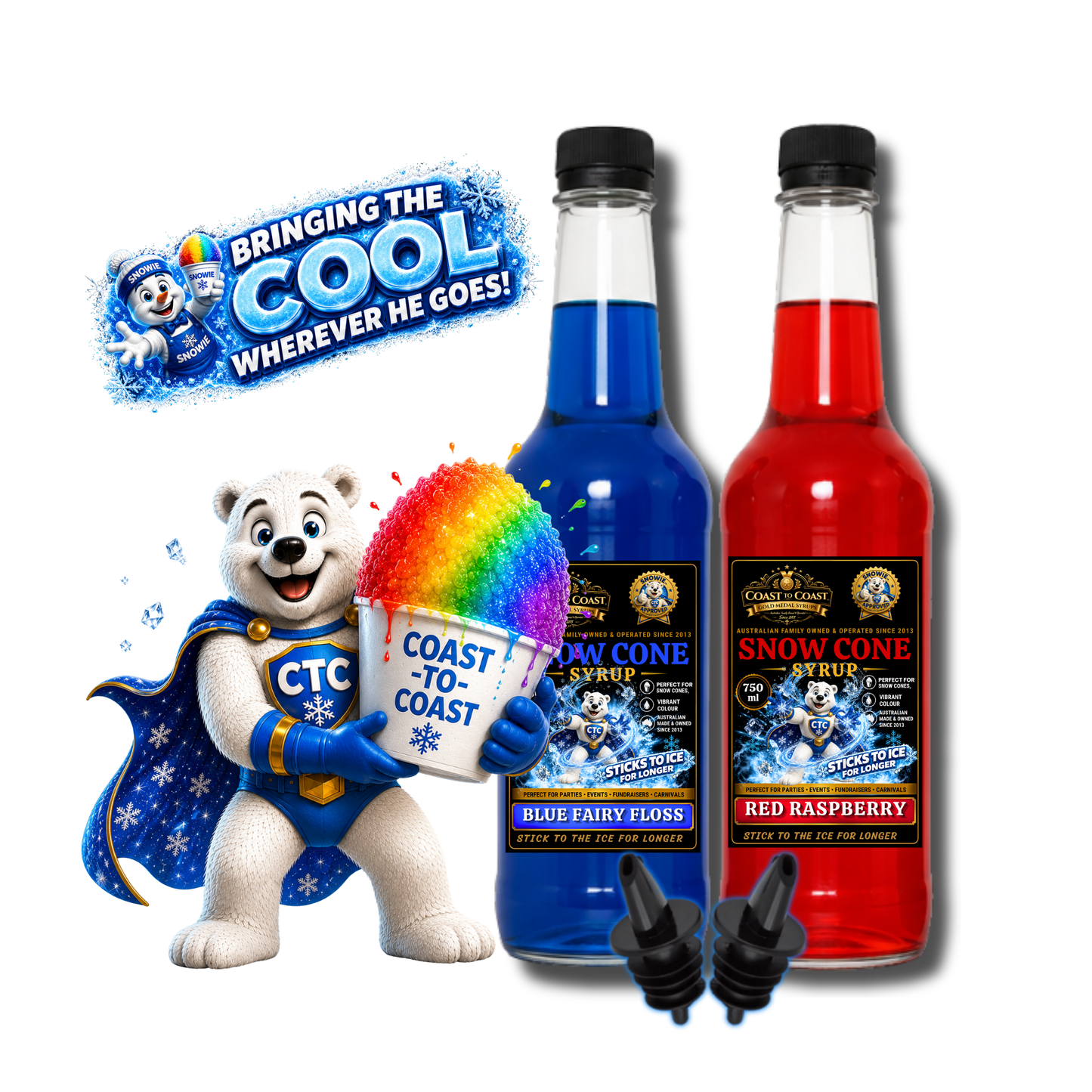 Assorted Flavours Snow Cone Syrup  2x750ml with Pourers - Coast to Coast Gold Medal Syrups®