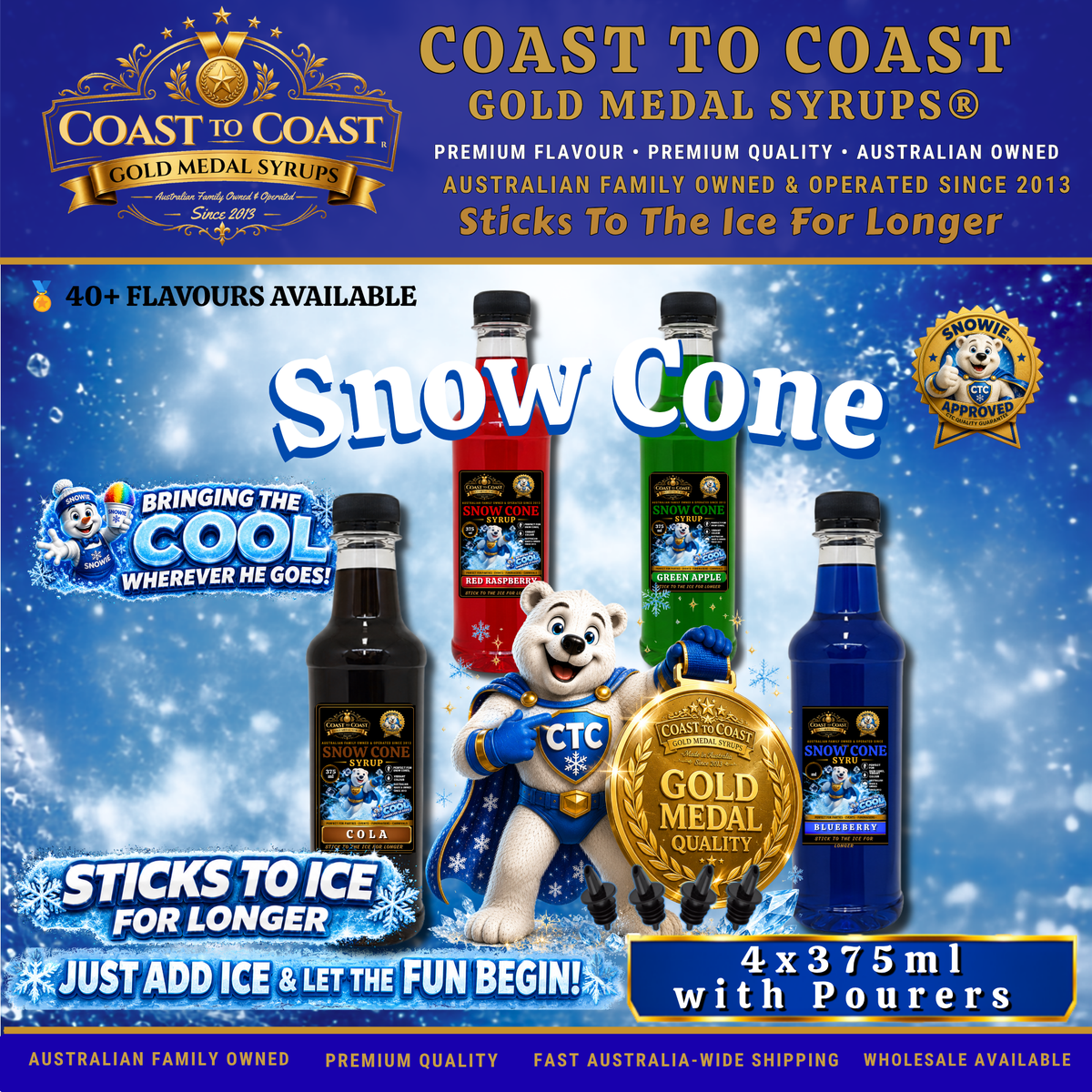 Assorted Flavours Snow Cone Syrup  4x375ml with Pourers - Coast to Coast Gold Medal Syrups®