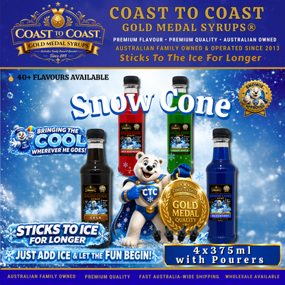 Assorted Flavours Snow Cone Syrup  4x375ml with Pourers - Coast to Coast Gold Medal Syrups®