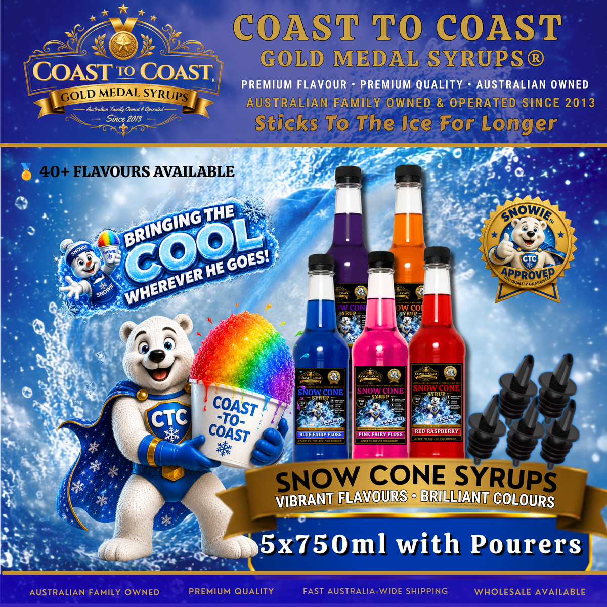 Assorted Flavours Snow Cone Syrup  5x750ml with Pourers - Coast to Coast Gold Medal Syrups®