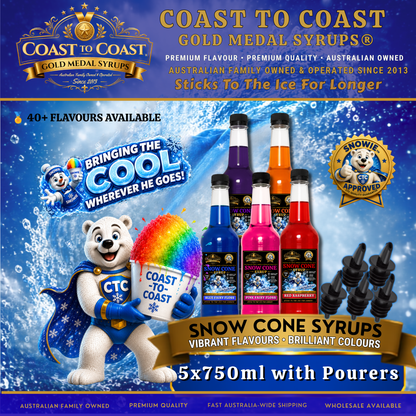Assorted Flavours Snow Cone Syrup  5x750ml with Pourers - Coast to Coast Gold Medal Syrups®