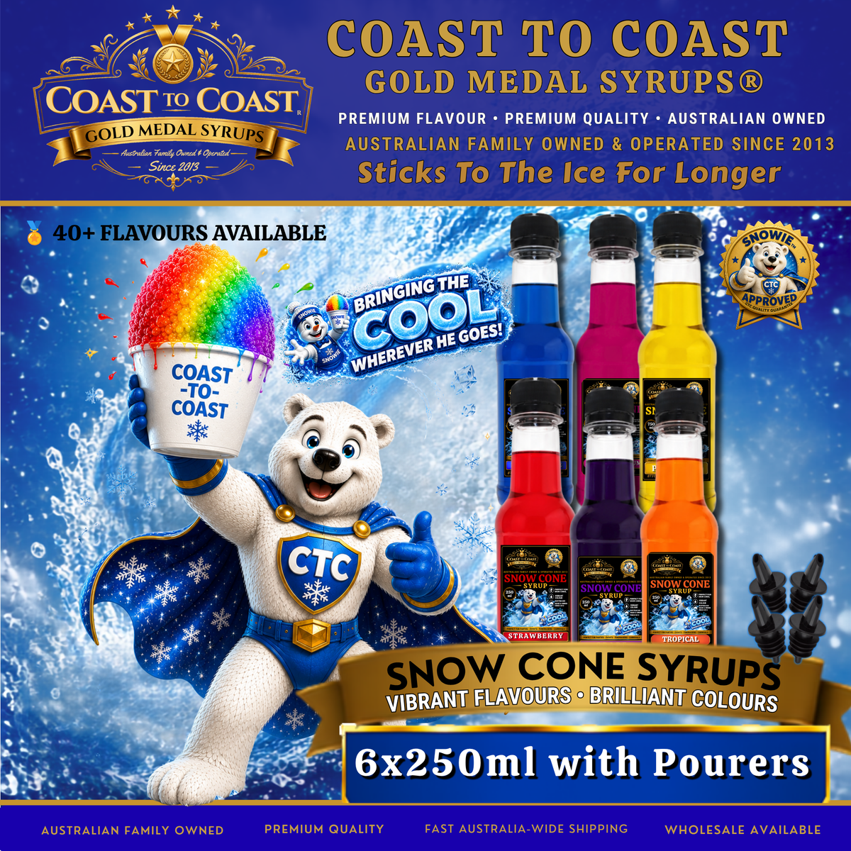 #1 Coast to Coast Gold Medal Syrups® 6 x 250ml With Pourers Snow Cone Syrup