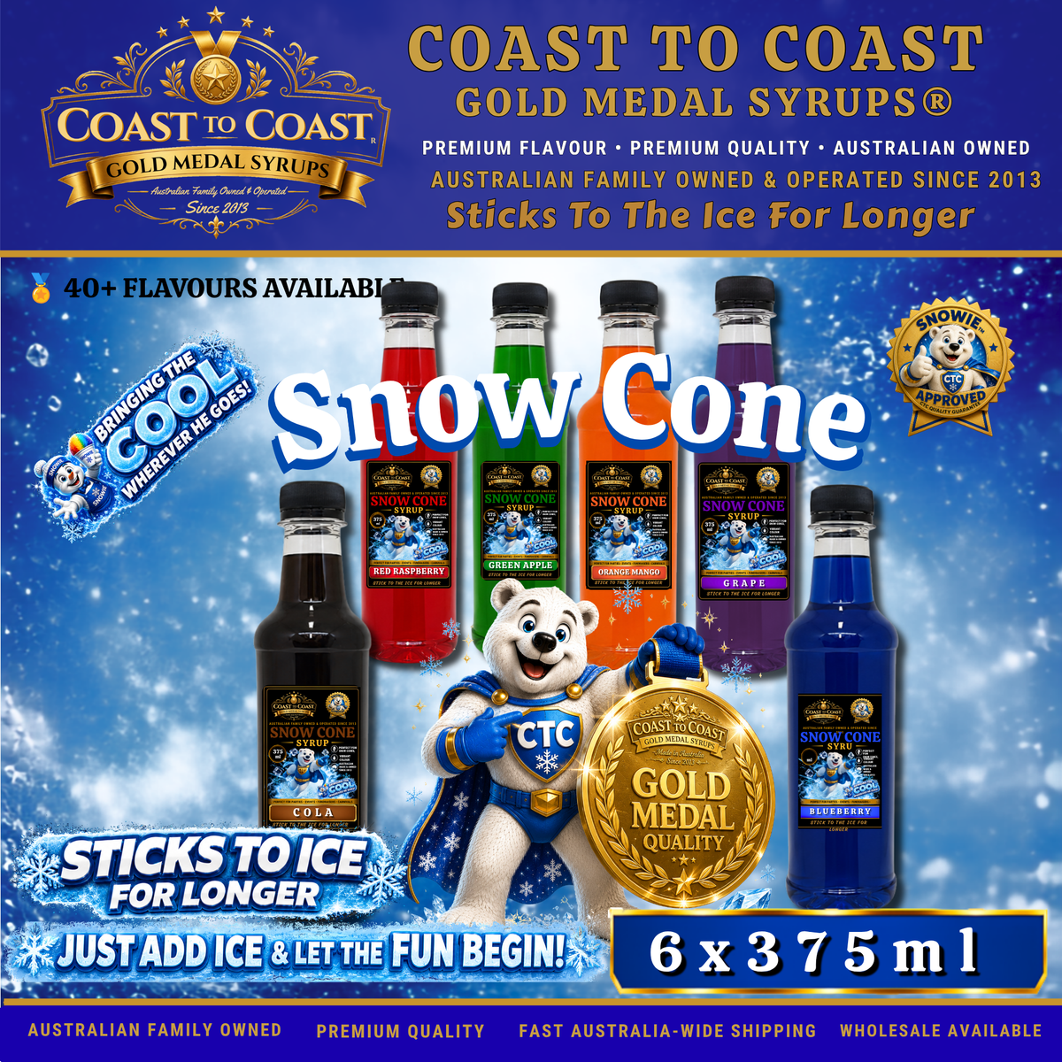 Assorted Flavours Snow Cone Syrup 6x375ml - Coast to Coast Gold Medal Syrups®