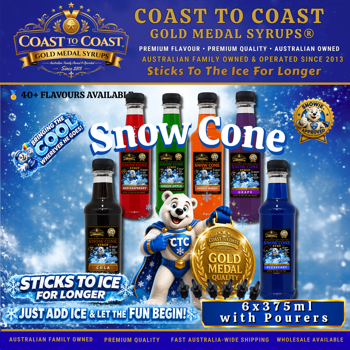 Assorted Flavours Snow Cone Syrups 6x375ml with Pourers - Coast to Coast Gold Medal Syrups®