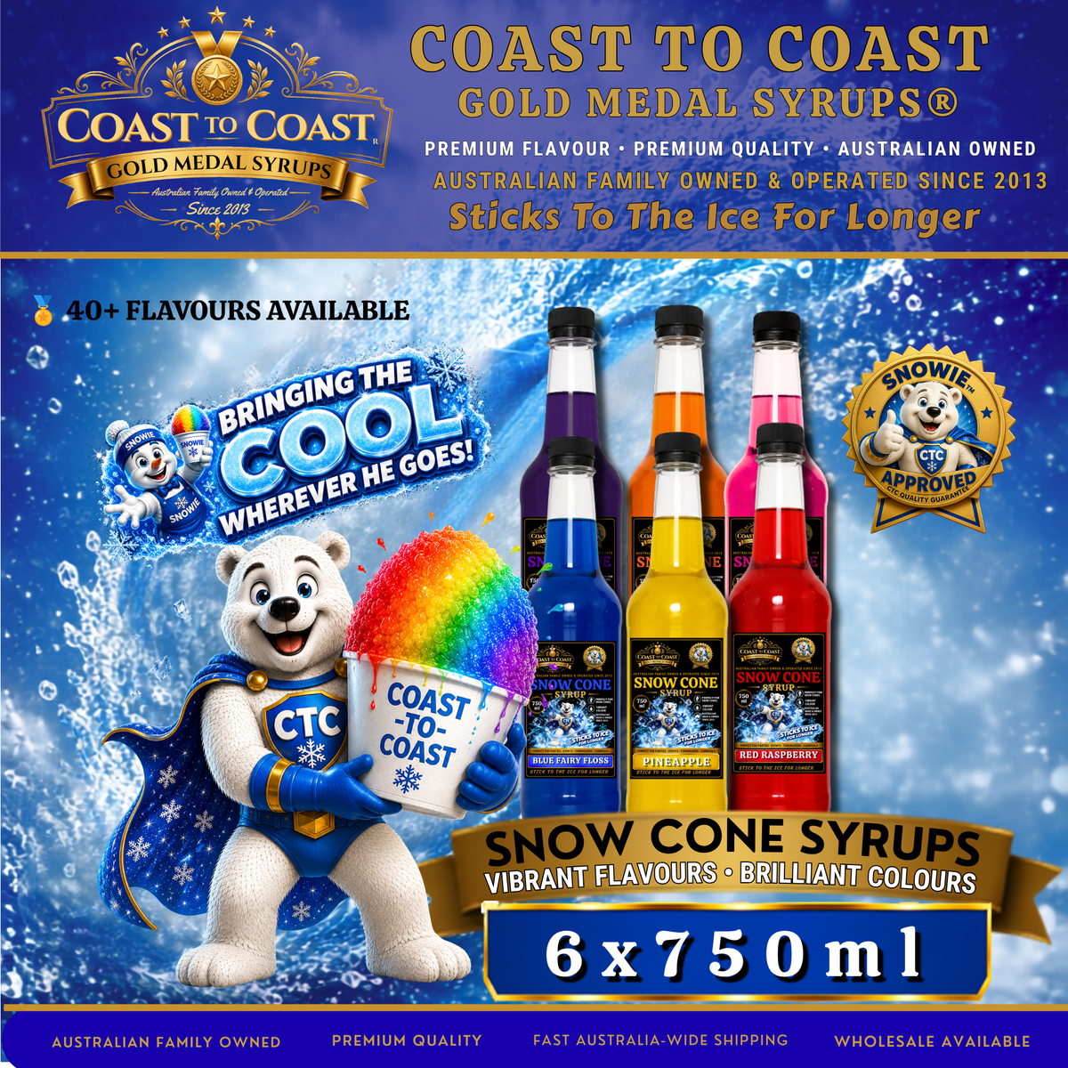 Assorted Flavours Snow Cone Syrup  6x750ml - Coast to Coast Gold Medal Syrups®