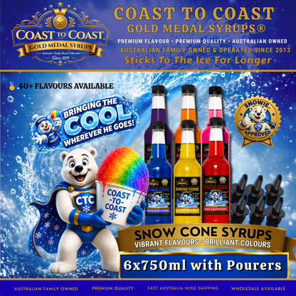 Assorted Flavours Snow Cone Syrup  6x750ml with Pourers - Coast to Coast Gold Medal Syrups®