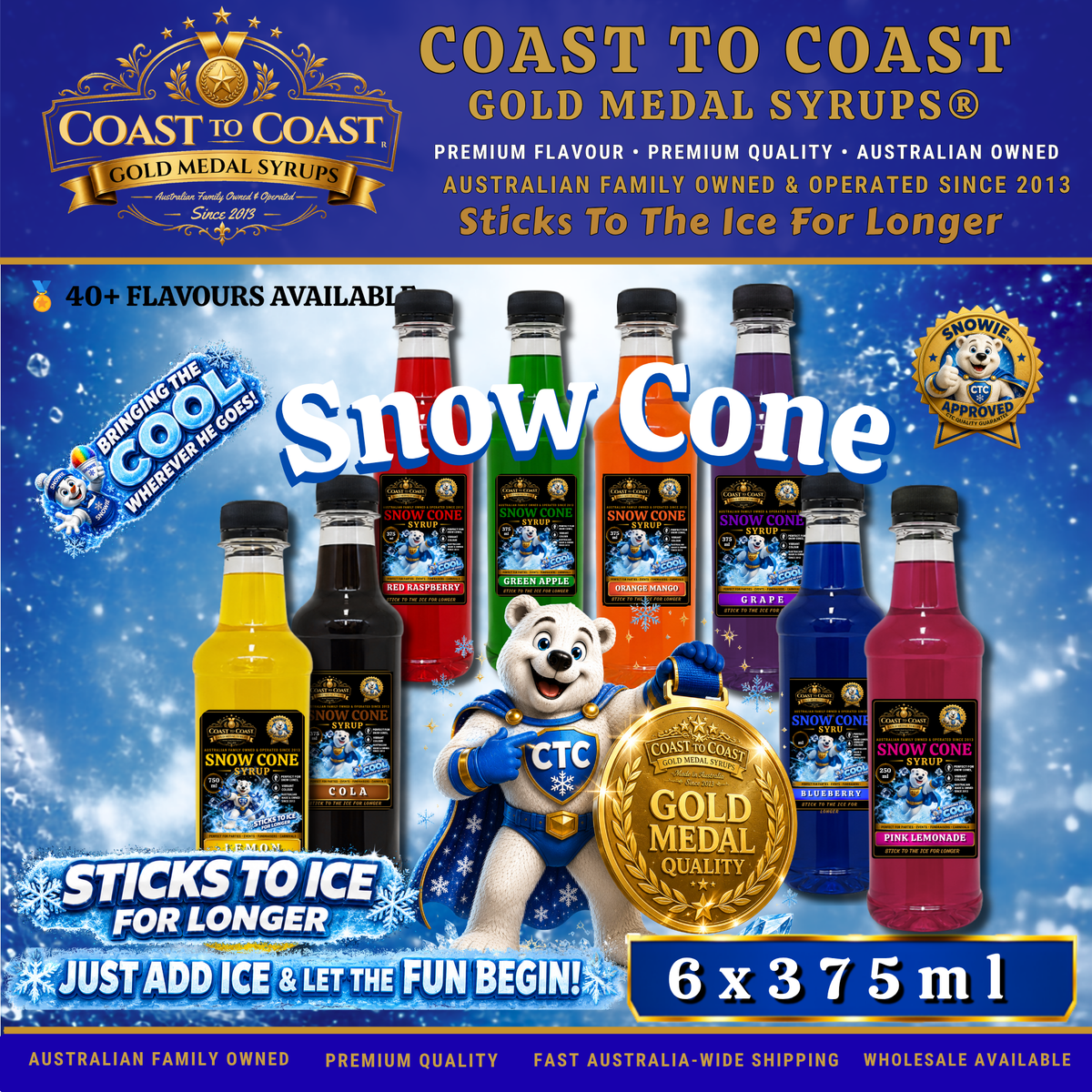 Assorted Flavours Snow Cone Syrup 8x375ml - Coast to Coast Gold Medal Syrups®