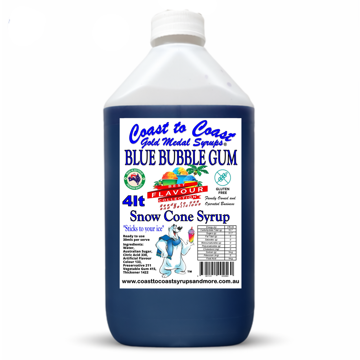 6 Blue Bubble Gum Snow Cone Syrup, 4Ltr, Premium Ice Syrup, Coast to Coast Gold Medal Syrups®