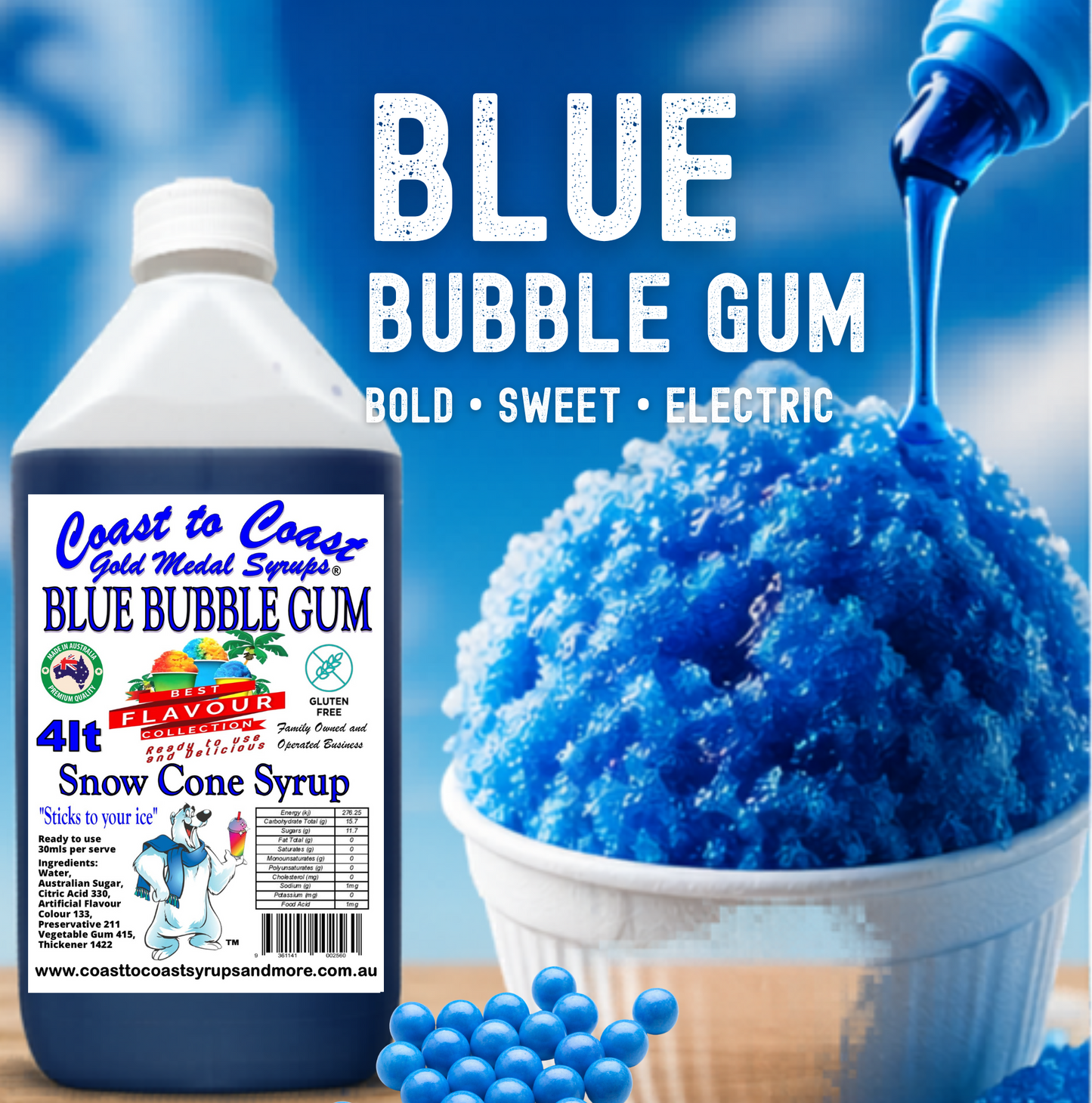 6 Blue Bubble Gum Snow Cone Syrup, 4Ltr, Premium Ice Syrup, Coast to Coast Gold Medal Syrups®