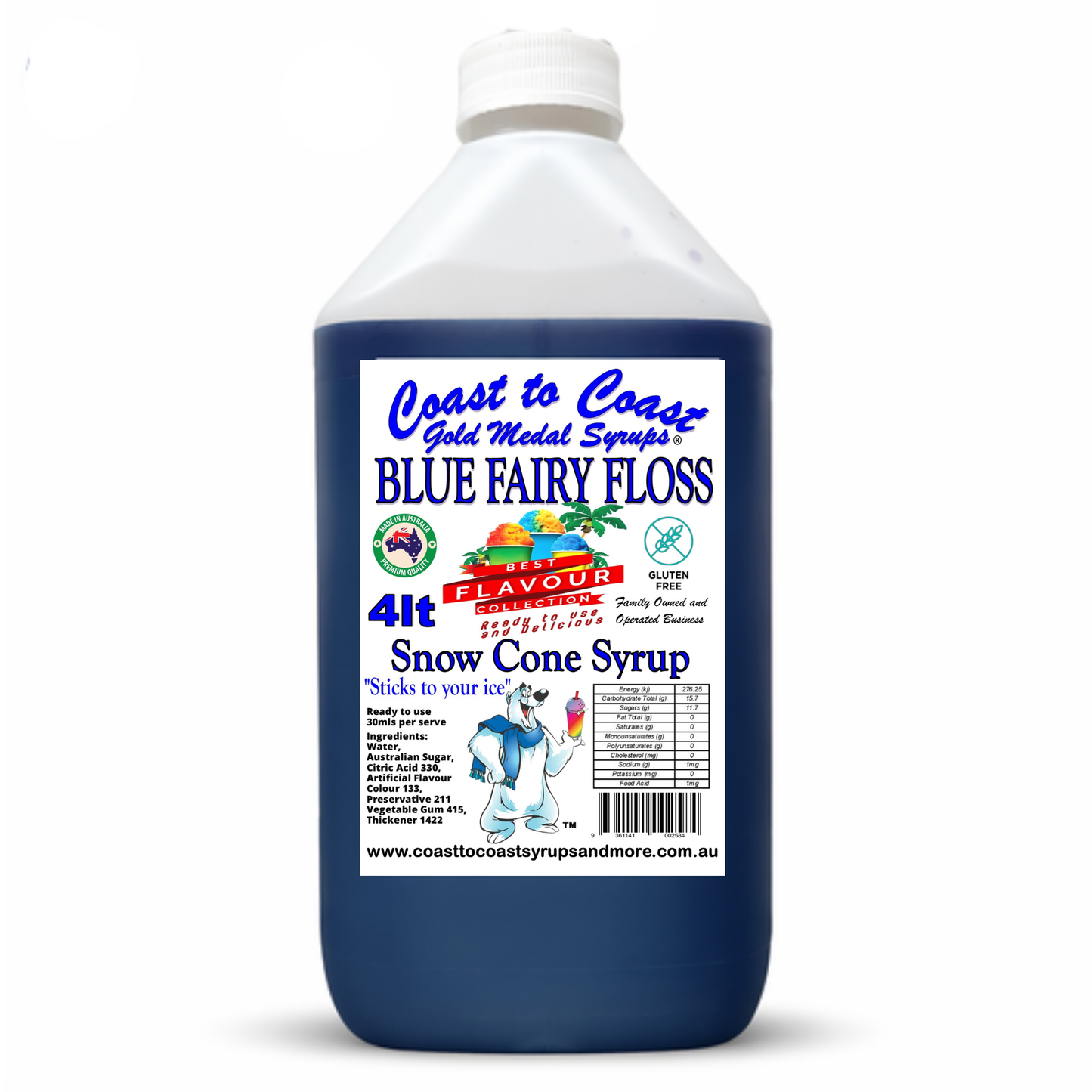 6 Blue Fary Floss Snow Cone Syrup, 4Ltr, Premium Ice Syrup, Coast to Coast Gold Medal Syrups®
