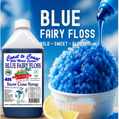 6 Blue Fary Floss Snow Cone Syrup, 4Ltr, Premium Ice Syrup, Coast to Coast Gold Medal Syrups®
