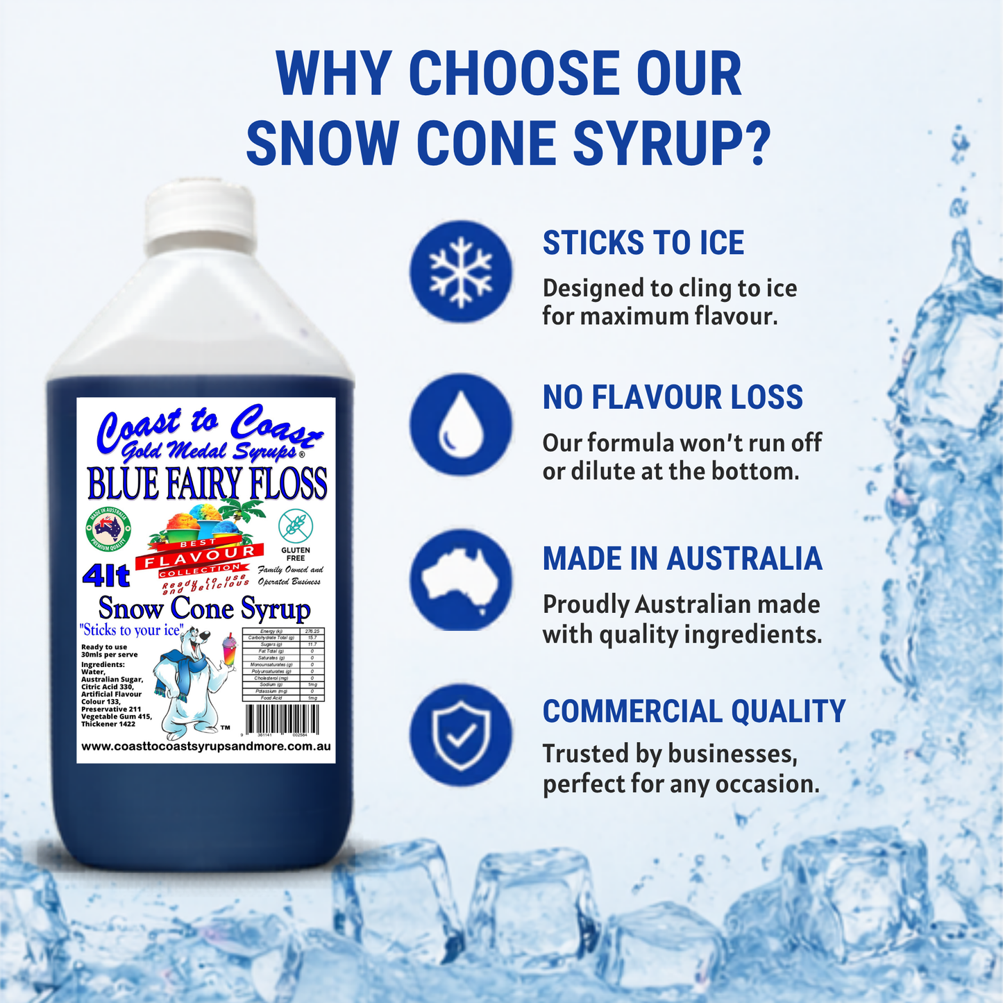 6 Blue Fary Floss Snow Cone Syrup, 4Ltr, Premium Ice Syrup, Coast to Coast Gold Medal Syrups®