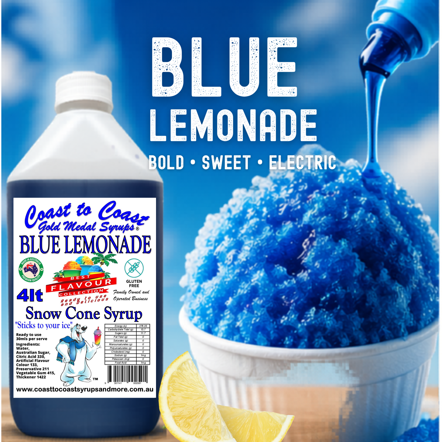 6 Blue Lemonade Snow Cone Syrup, 4Ltr, Premium Ice Syrup, Coast to Coast Gold Medal Syrups®