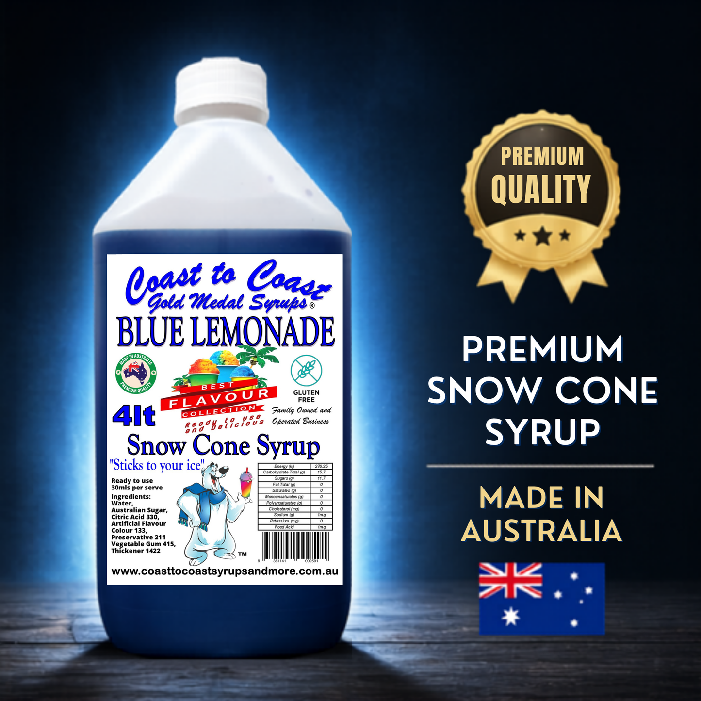 6 Blue Lemonade Snow Cone Syrup, 4Ltr, Premium Ice Syrup, Coast to Coast Gold Medal Syrups®