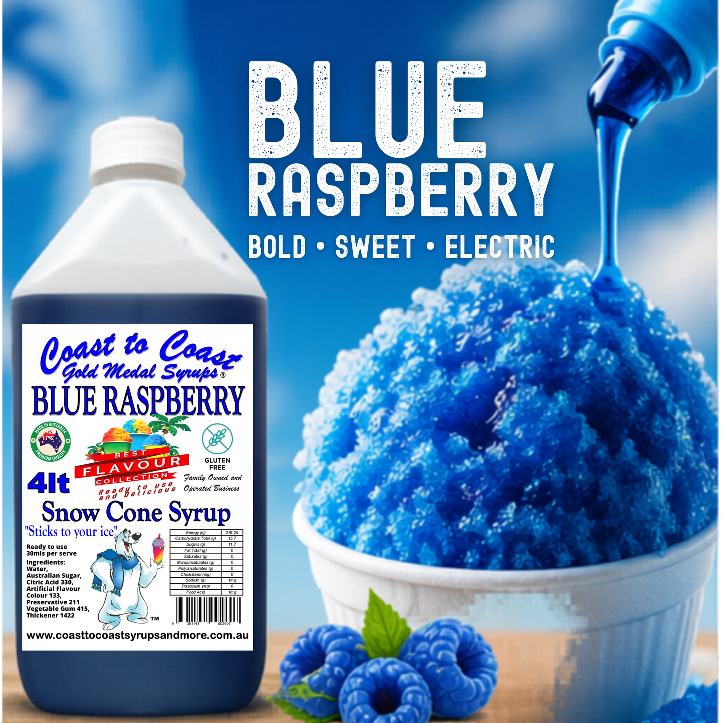 6 Blue Raspberry Snow Cone Syrup, 4Ltr, Premium Ice Syrup, Coast to Coast Gold Medal Syrups®