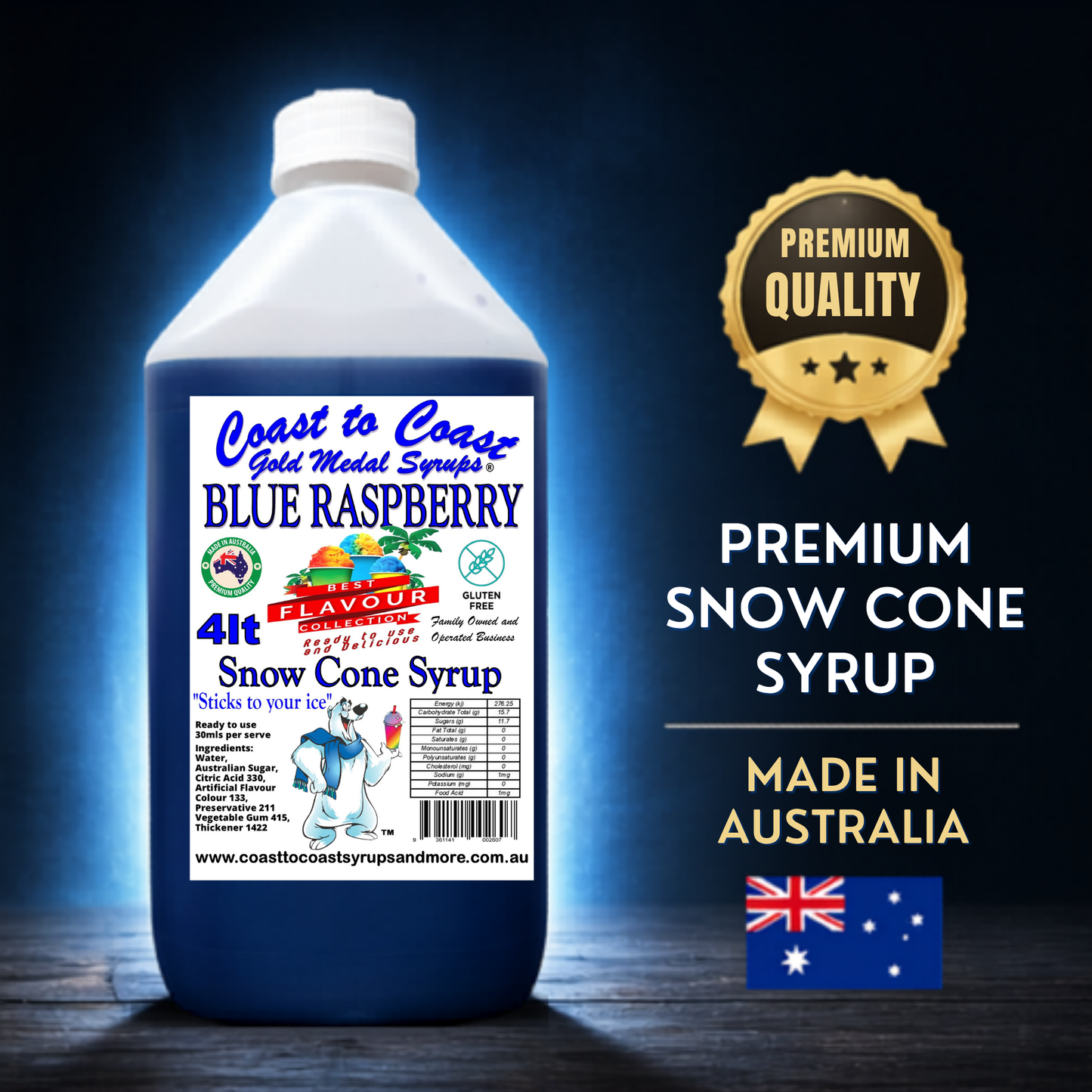 6 Blue Raspberry Snow Cone Syrup, 4Ltr, Premium Ice Syrup, Coast to Coast Gold Medal Syrups®