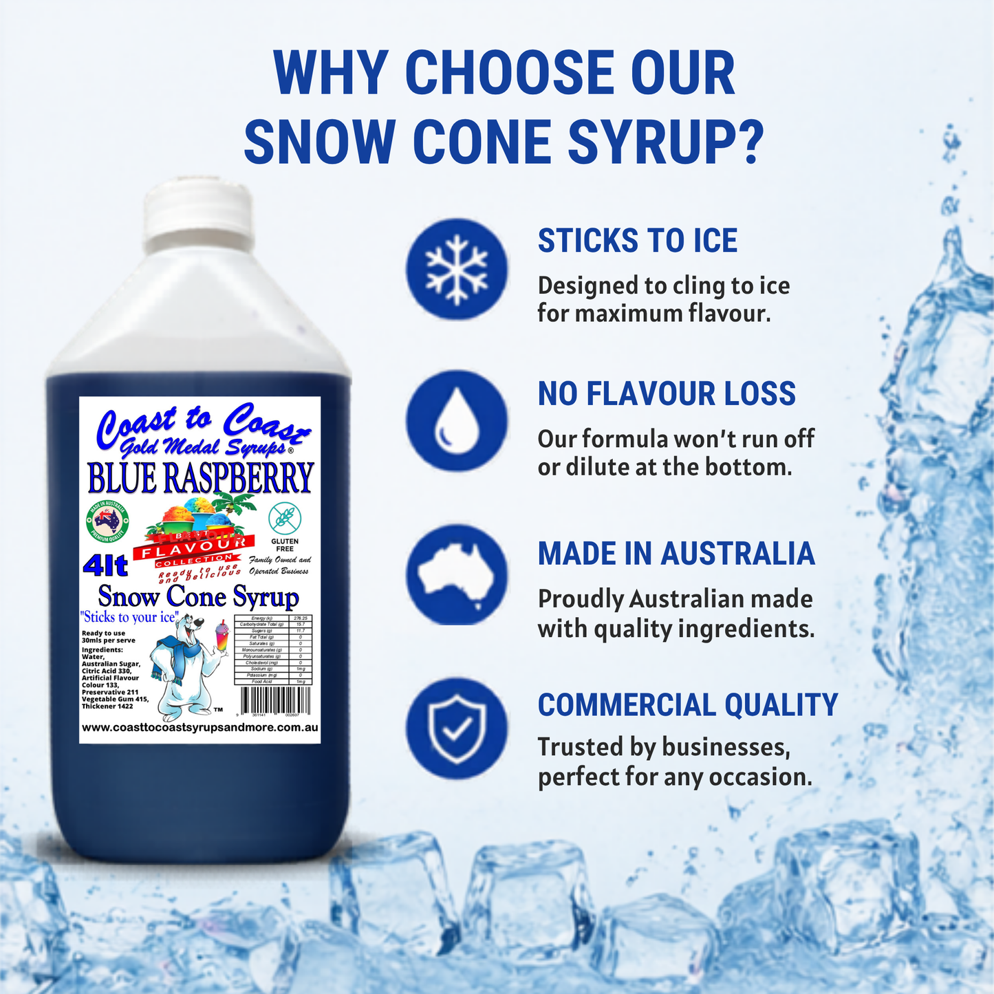 6 Blue Raspberry Snow Cone Syrup, 4Ltr, Premium Ice Syrup, Coast to Coast Gold Medal Syrups®