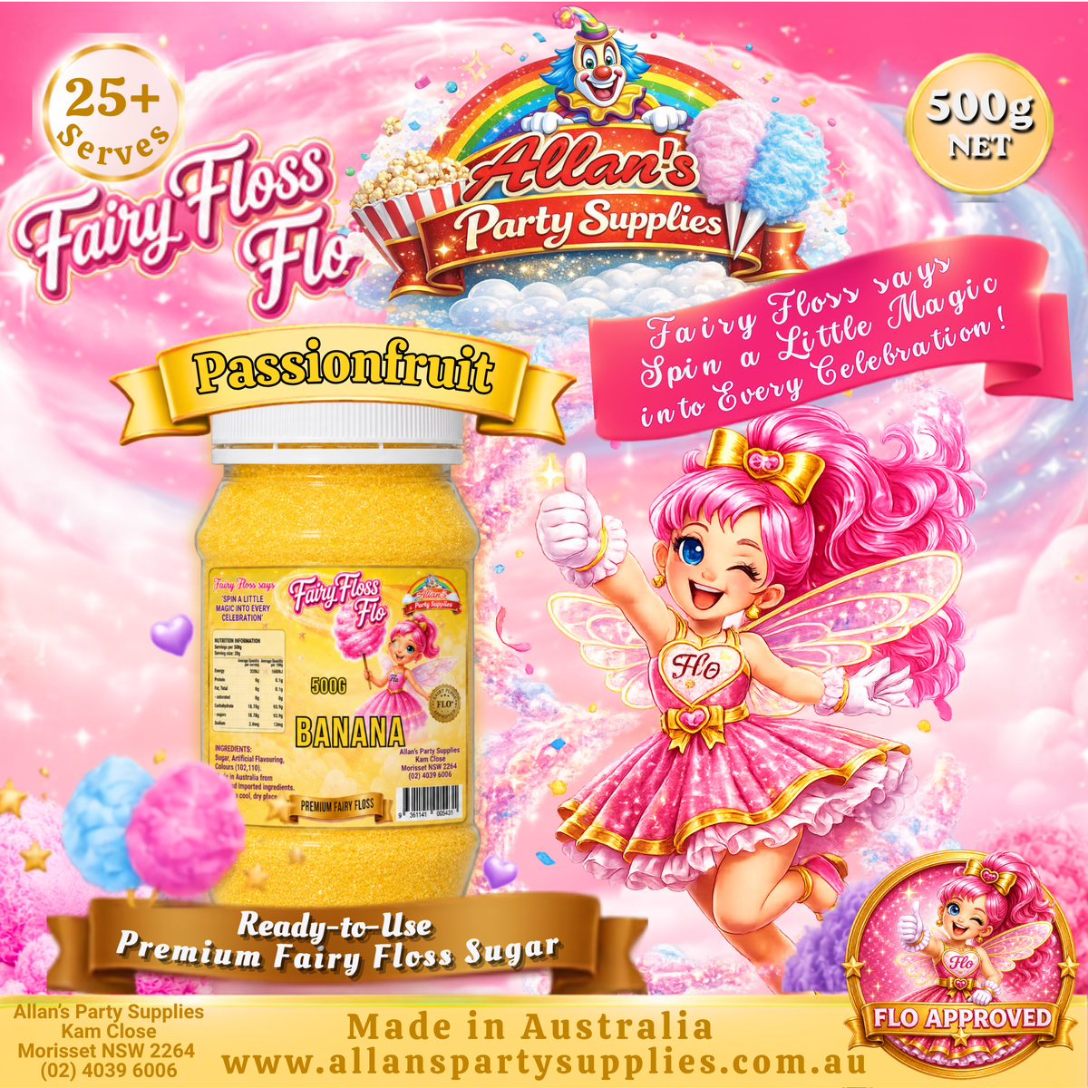 Banana Fairy Floss Sugar – 500g Jar - Allan's Party Supplies