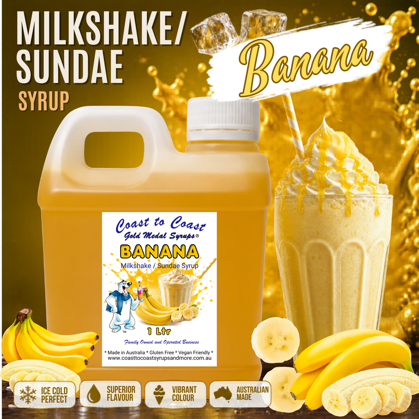 #2 Banana, Milkshake/Sundae toppings 1ltr, Coast to Coast Gold Medal Syrups®