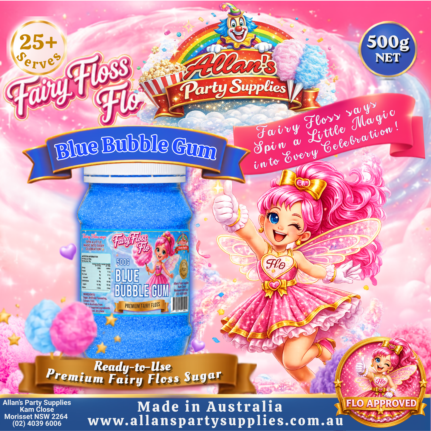 Blue Bubble Gum Fairy Floss Sugar – 500g Jar - Allan's Party Supplies