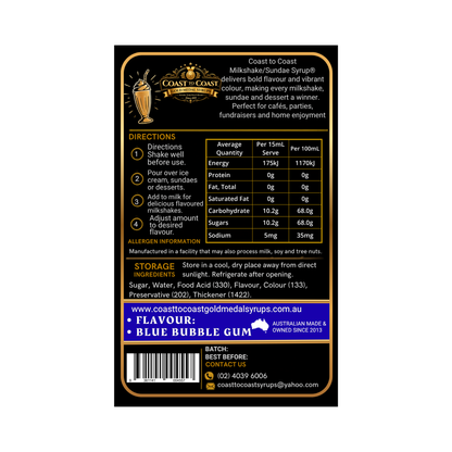 Blue Bubble Gum, Milkshake/Sundae toppings 1ltr - Coast to Coast Gold Medal Syrups®