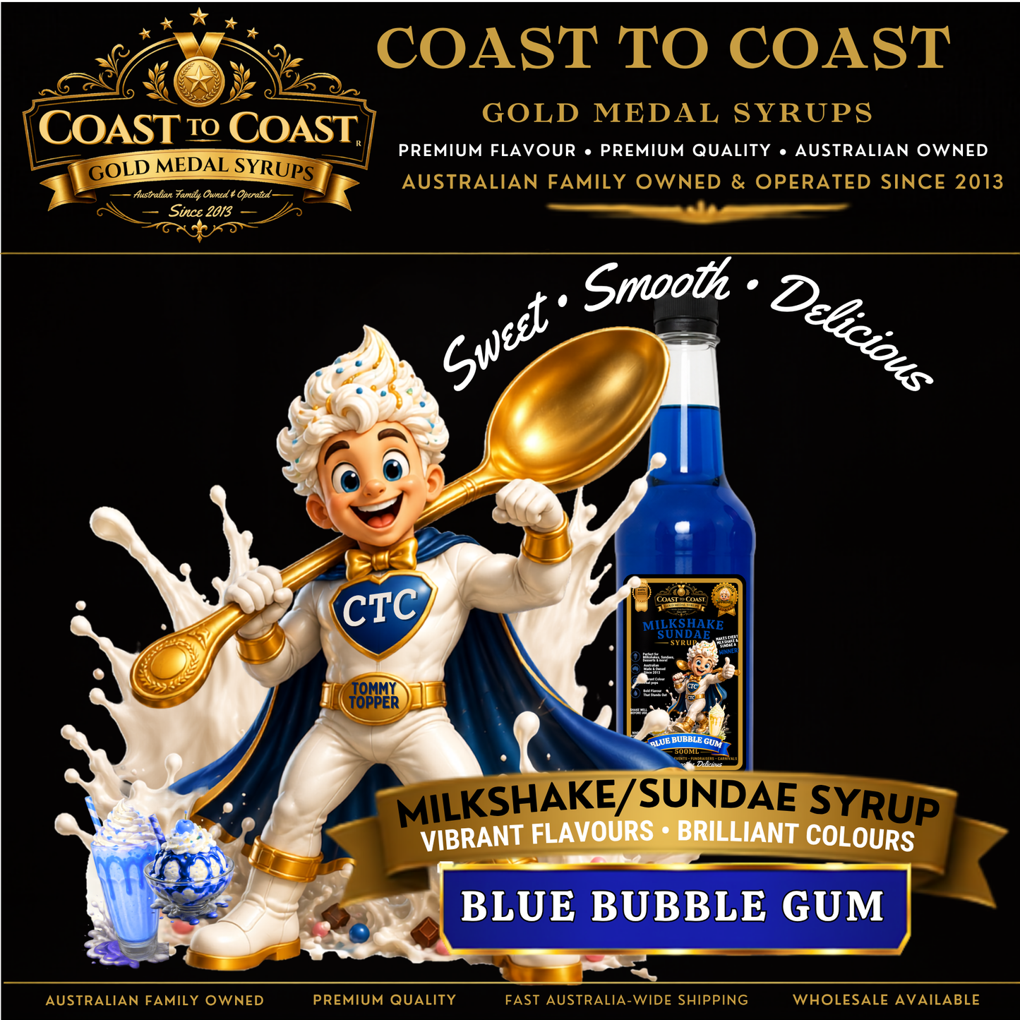 Blue Bubble Gum, Milkshake/Sundae toppings 500ml - Coast to Coast Gold Medal Syrups®