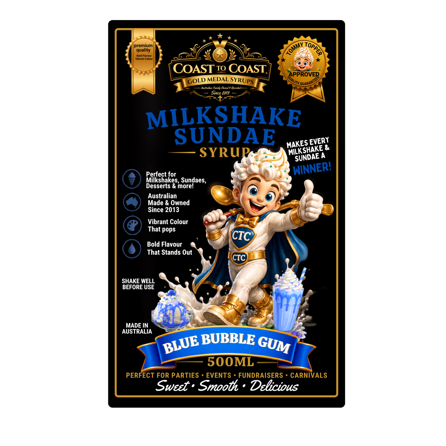 Blue Bubble Gum, Milkshake/Sundae toppings 500ml - Coast to Coast Gold Medal Syrups®