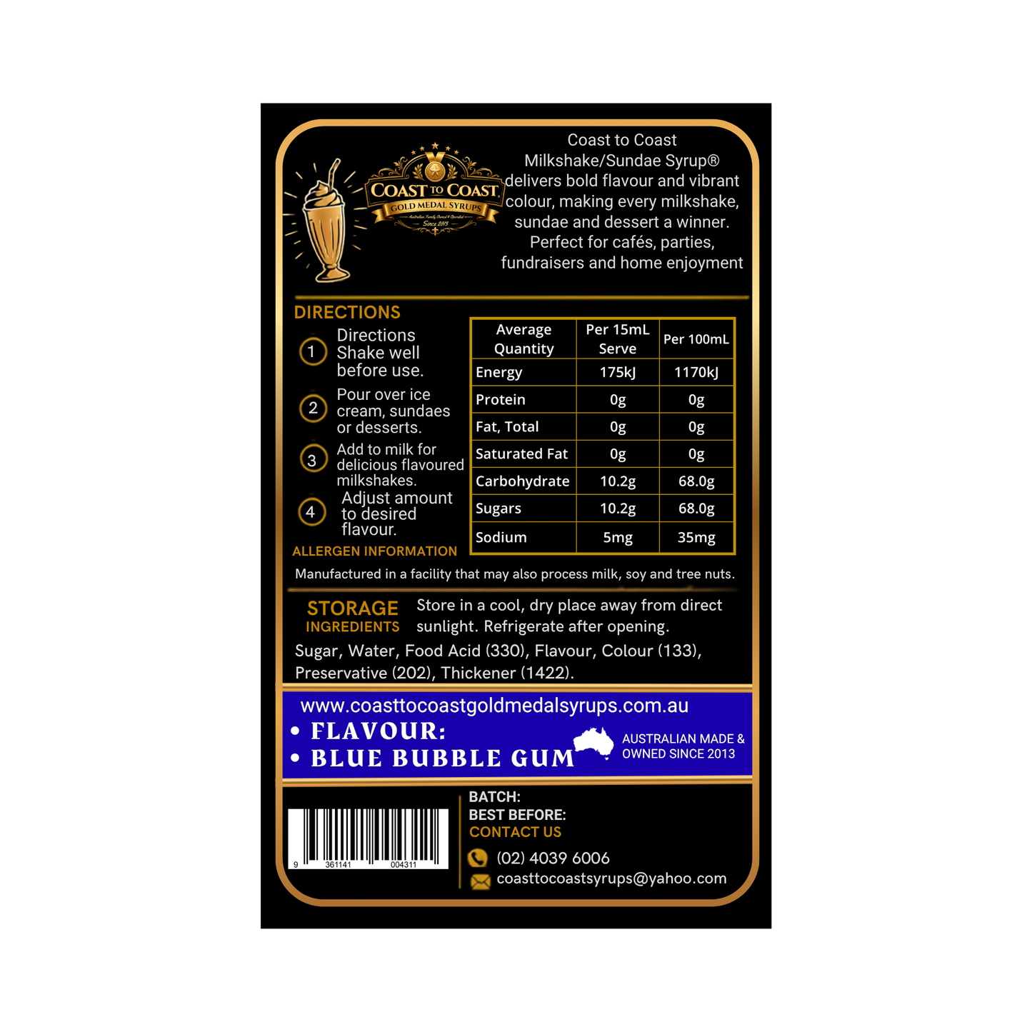 Blue Bubble Gum, Milkshake/Sundae toppings 500ml - Coast to Coast Gold Medal Syrups®