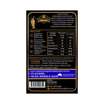 Blue Bubble Gum, Milkshake/Sundae toppings 500ml - Coast to Coast Gold Medal Syrups®