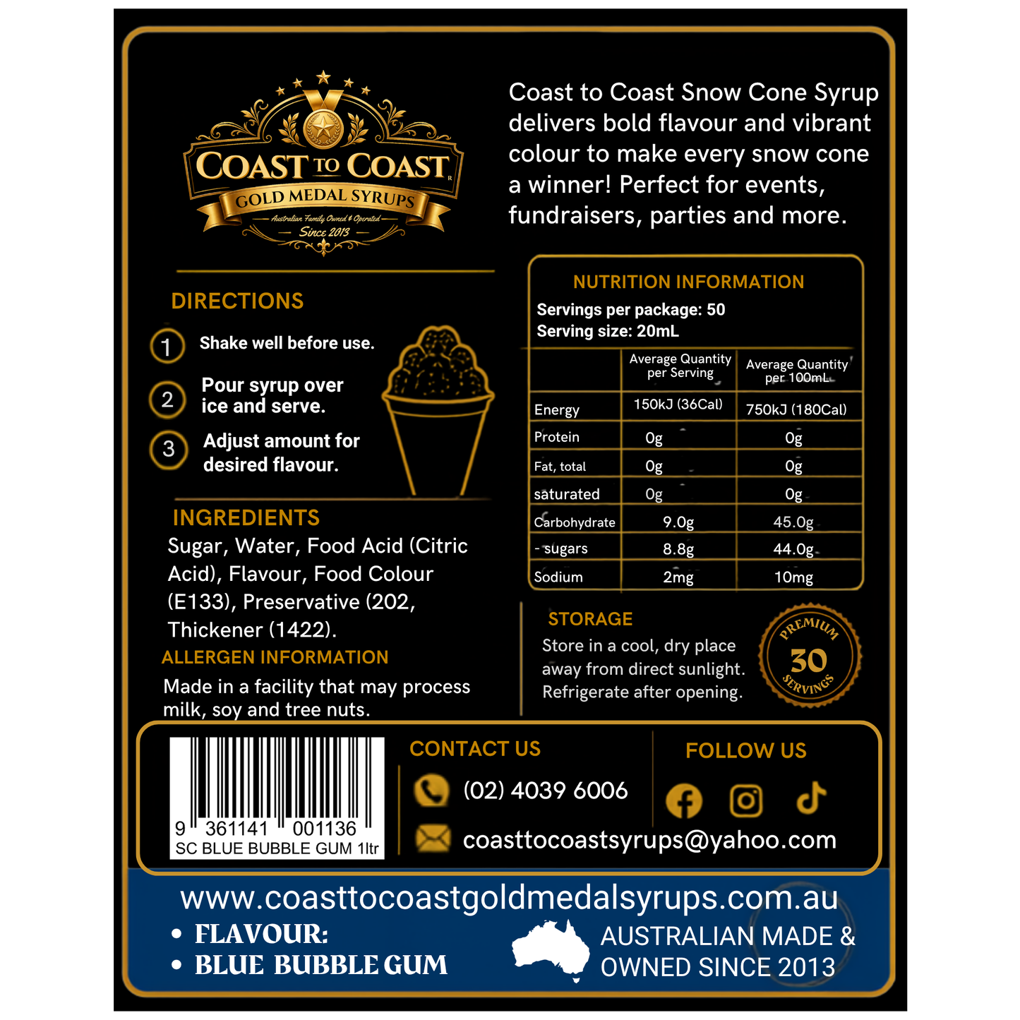 Blue Bubble Gum Snow Cone Syrups 1ltr - Coast to Coast Gold Medal Syrups®