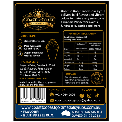 Blue Bubble Gum Snow Cone Syrups 1ltr - Coast to Coast Gold Medal Syrups®